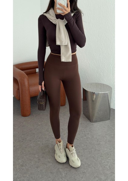 Likralı Yüksek Bel Kahverengi Tayt fırsatları