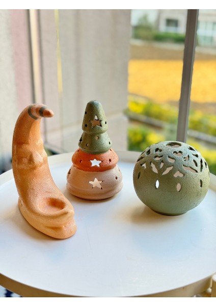 3'lü Seramik Aydede Yuvarlak Çam Ağacı Tealight Mumluk Set