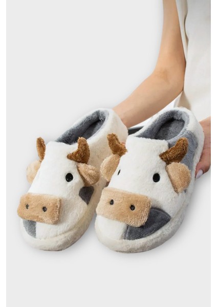 Inek Figürlü Nakışlı Kaydırmaz Taban Kışlık Unisex Ev Terliği Beyaz-Füme modelleri