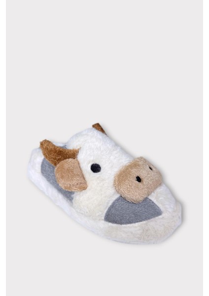 Inek Figürlü Nakışlı Kaydırmaz Taban Kışlık Unisex Ev Terliği Beyaz-Füme indirimleri