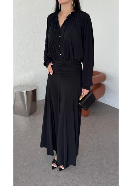 Fırfırlı Yaka Maxi Siyah Elbise modelleri