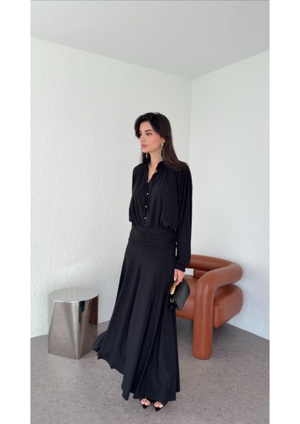 Fırfırlı Yaka Maxi Siyah Elbise fırsatları