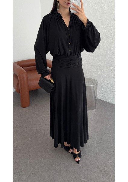 Fırfırlı Yaka Maxi Siyah Elbise indirimleri