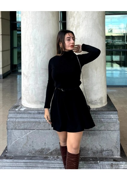 Kadın Uzun Kollu Balıkçı Yaka Salaş Kusa Akrilik Elbise