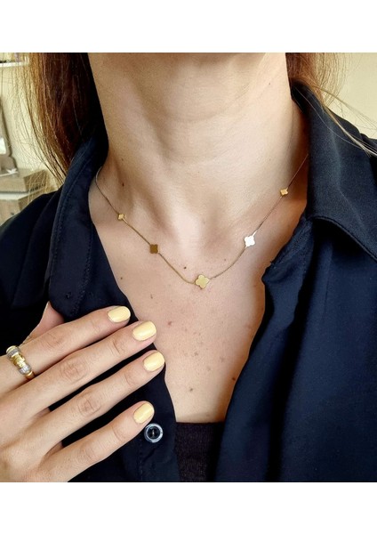 Paslanmaz Çelik Yonca Detaylı Ince Zincirli Gold Kolye