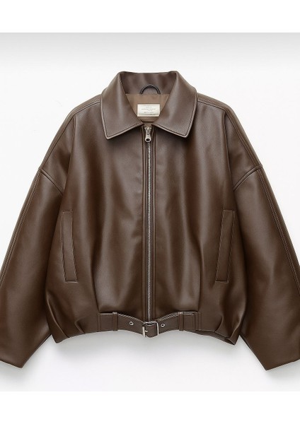 Kadın Oversize Bomber Suni Deri Ceket | Yeni Sezon Kemerli Biker Ceket