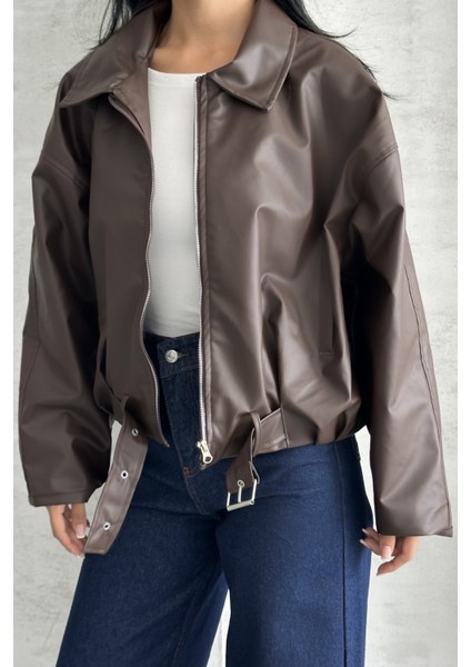 Kadın Oversize Bomber Suni Deri Ceket | Yeni Sezon Kemerli Biker Ceket indirimleri