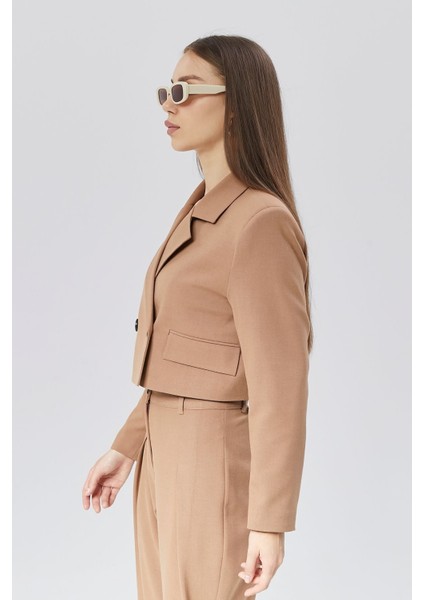 Kahverengi Crop Astarlı Dokuma Blazer Ceket