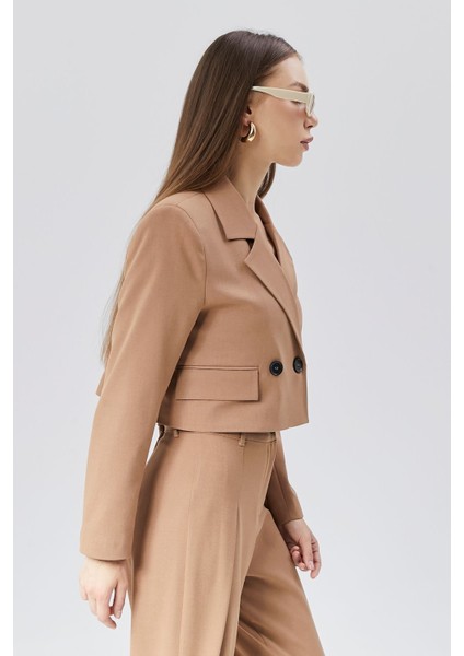 Kahverengi Crop Astarlı Dokuma Blazer Ceket