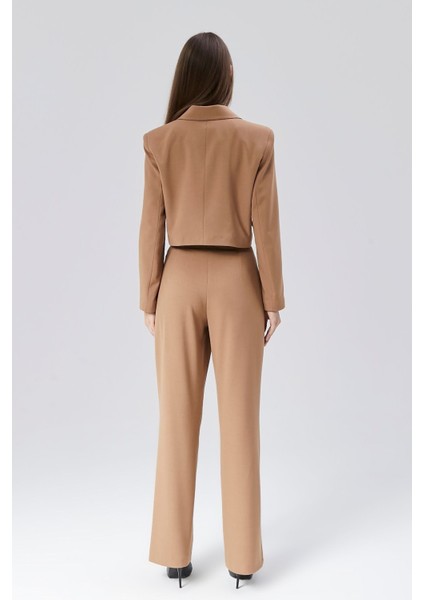 Kahverengi Crop Astarlı Dokuma Blazer Ceket