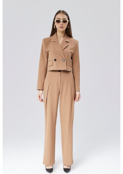 Kahverengi Crop Astarlı Dokuma Blazer Ceket