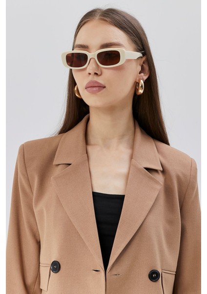 Kahverengi Crop Astarlı Dokuma Blazer Ceket