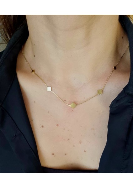 Paslanmaz Çelik Yonca Detaylı Ince Zincirli Gold Kolye fiyatları