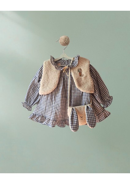 Kız Bebek 3’lü Takım Ekose Elbise, Teddy Yelek ve Çantalı Kombin %100 Pamuklu, Rahat ve Şık