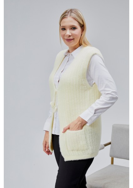 Kadın Orta Yaş ve Üzeri V Yaka Cepli Simli Örgü Yün Anne Triko Yelek fiyatları