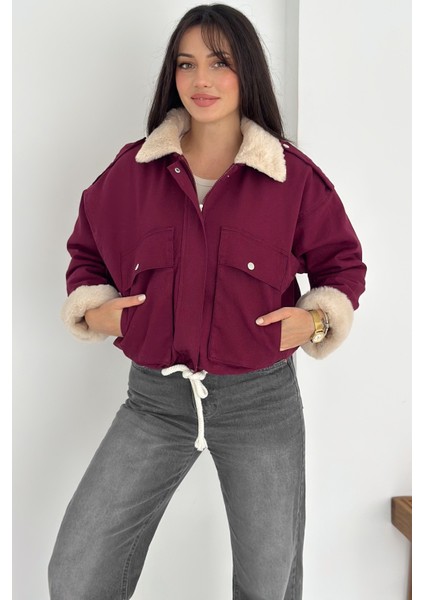 Kadın Peluş Detaylı Fermuarlı Mont – Sıcak & Şehirli Stil