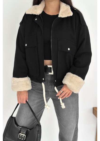 Kadın Peluş Detaylı Fermuarlı Mont – Sıcak & Şehirli Stil