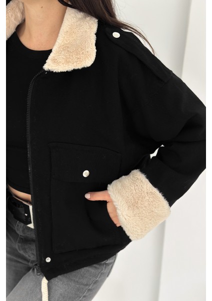 Kadın Peluş Detaylı Fermuarlı Mont – Sıcak & Şehirli Stil