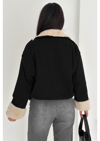 Kadın Peluş Detaylı Fermuarlı Mont – Sıcak & Şehirli Stil