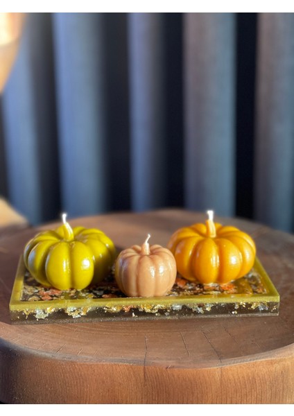 Sonbahar Temalı Dekoratif Epoksi Tepsi ve 3’lü Kabak Mum Seti | El Yapımı 4 Parça Özel Tasarım fiyatları