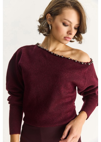 Kadın Taş Işleme Detaylı Tek Omuz Triko Kazak
