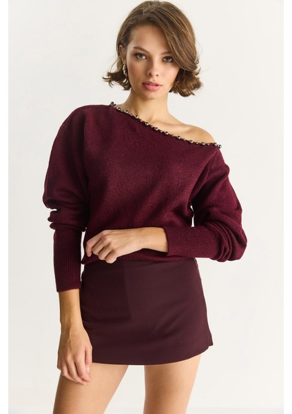 Kadın Taş Işleme Detaylı Tek Omuz Triko Kazak fiyatları