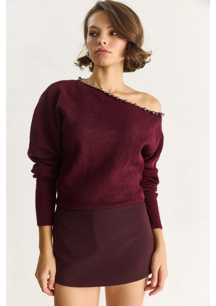 Kadın Taş Işleme Detaylı Tek Omuz Triko Kazak modelleri