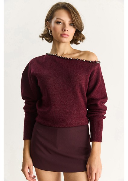 Kadın Taş Işleme Detaylı Tek Omuz Triko Kazak fırsatları