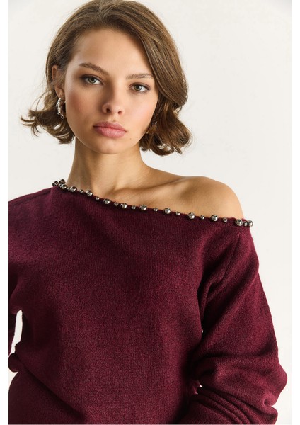 Kadın Taş Işleme Detaylı Tek Omuz Triko Kazak indirimleri