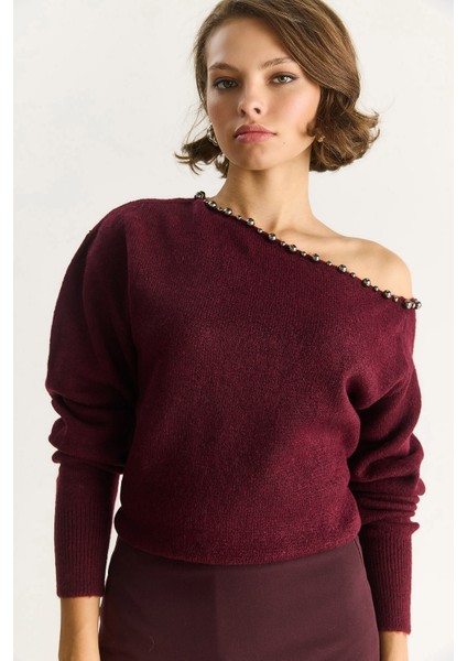 Kadın Taş Işleme Detaylı Tek Omuz Triko Kazak