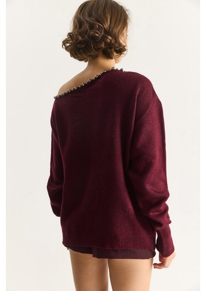 Kadın Taş Işleme Detaylı Tek Omuz Triko Kazak