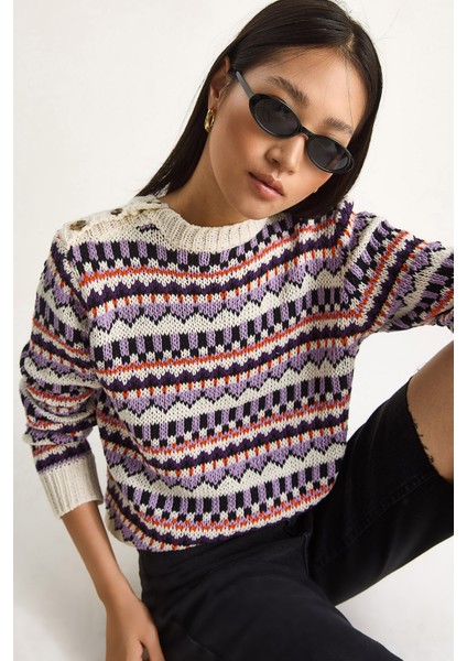 Kadın Omuz Patlı Desenli Triko Kazak