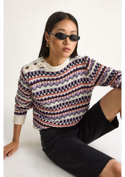 Kadın Omuz Patlı Desenli Triko Kazak fiyatları