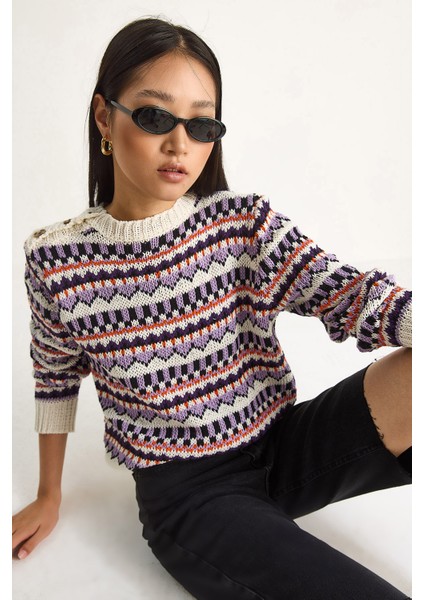 Kadın Omuz Patlı Desenli Triko Kazak modelleri