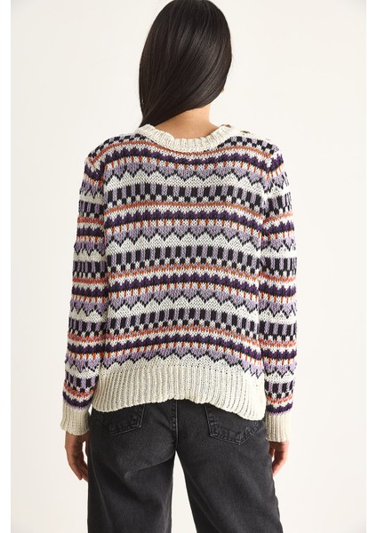 Kadın Omuz Patlı Desenli Triko Kazak