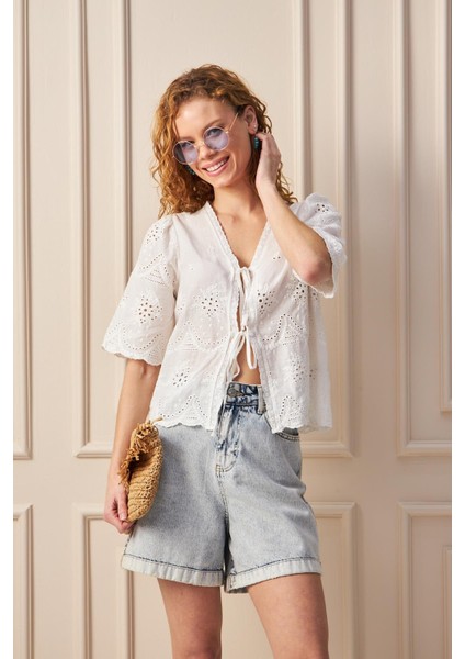 Standart Fit %100 Pamuk Brode Bluz - Beyaz modelleri