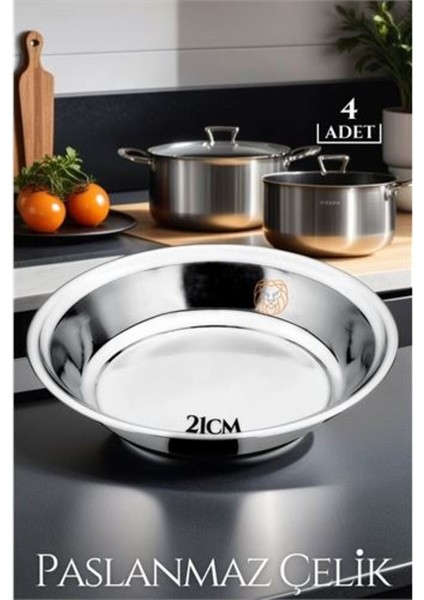 Renkli 4'lü 21 cm Paslanmaz Çelik Tabak Seti, Şık ve Dayanıklı Tasarım