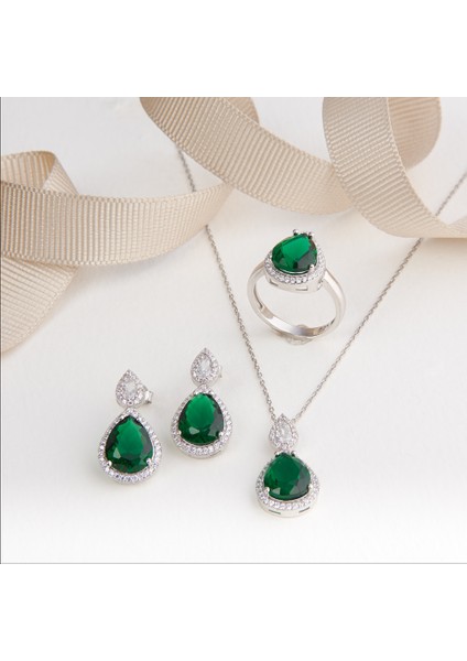 925 Ayar Rodyum Kaplama Damla Zümrüt Taşlı Gümüş Set