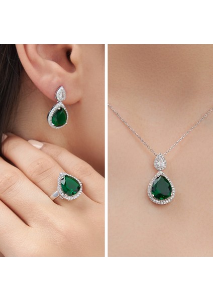 925 Ayar Rodyum Kaplama Damla Zümrüt Taşlı Gümüş Set fiyatları