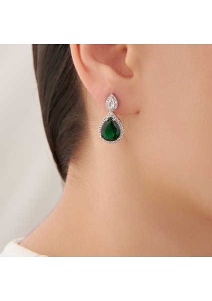 925 Ayar Rodyum Kaplama Damla Zümrüt Taşlı Gümüş Set modelleri