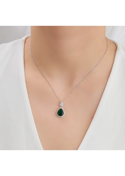 925 Ayar Rodyum Kaplama Damla Zümrüt Taşlı Gümüş Set fırsatları