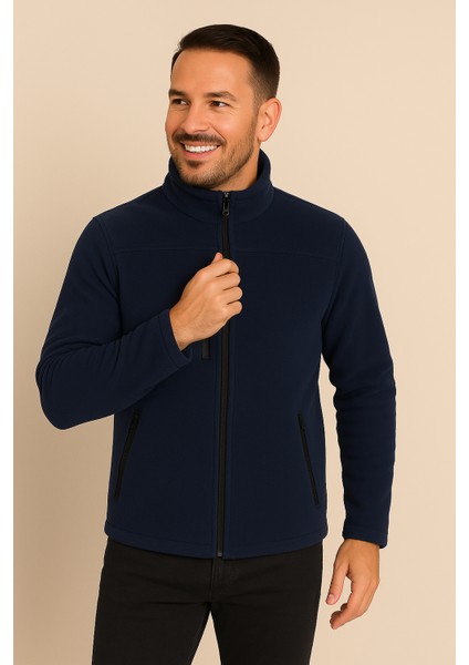 Unisex Lacivert Anti-Pilling Tüylenme Yapmayan Standart Fit Tam Fermuarlı Soğuk Geçirmez Polar Hırka fırsatları