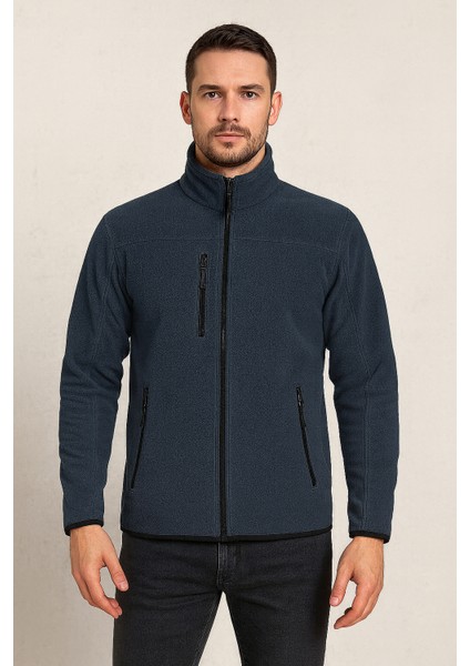 Unisex Lacivert Anti-Pilling Tüylenme Yapmayan Standart Fit Tam Fermuarlı Soğuk Geçirmez Polar Hırka indirimleri