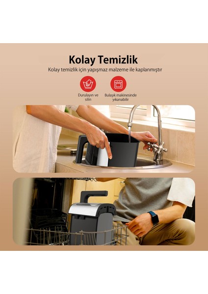 8 Işlevli, 5 Litrelik Dokunmatik Yağsız Pişirici, Güçlü 1200W, Siyah Renk indirimleri