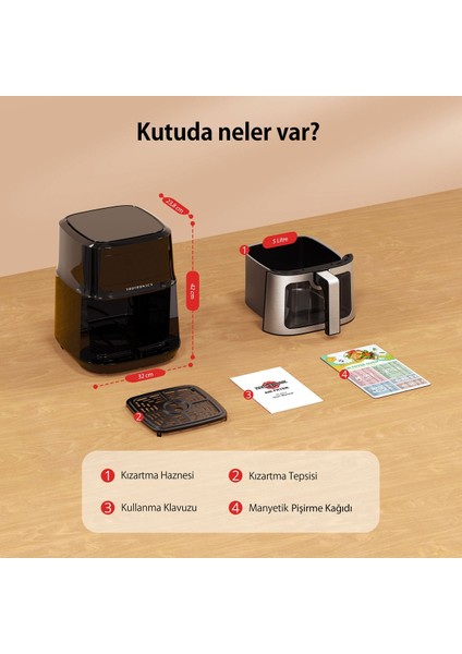 8 Işlevli, 5 Litrelik Dokunmatik Yağsız Pişirici, Güçlü 1200W, Siyah Renk