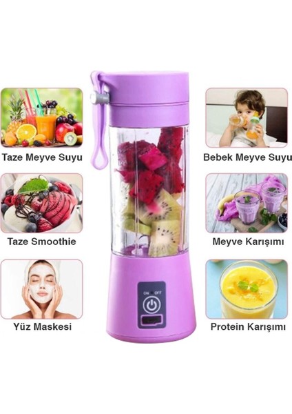 Taşınabilir El Blender 380 Ml, 6 Bıçaklı, USB Şarjlı, Renkli Mor indirimleri