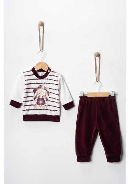 Baby Kız Bebek 3-6-9 Ay Tavşan Baskılı Kadife Kumaş Kendi Kumaşından Manşetli 2'li Alt-Üst Takım