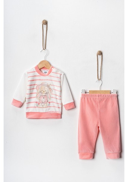 Baby Kız Bebek 3-6-9 Ay Tavşan Baskılı Kadife Kumaş Kendi Kumaşından Manşetli 2'li Alt-Üst Takım