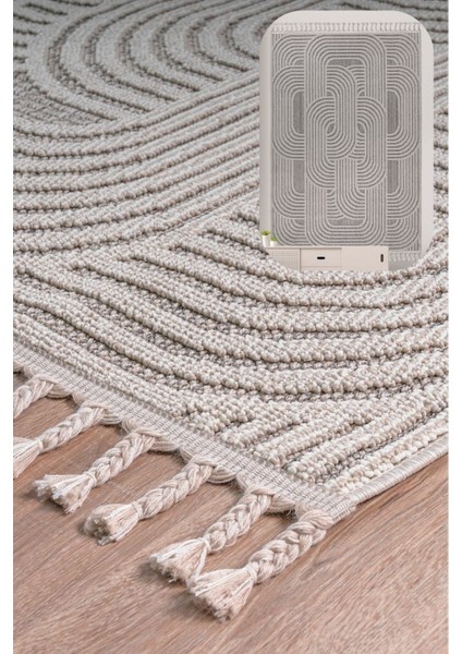 Roma Gri Krem Kemik Tonları Bukle ve Sisal Püsküllü Makine Dokuma Halı