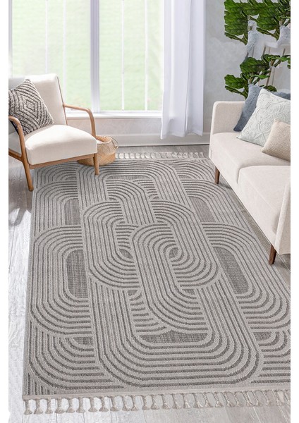 Roma Gri Krem Kemik Tonları Bukle ve Sisal Püsküllü Makine Dokuma Halı modelleri